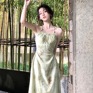素織錦復古江南風露腰小心機連衣裙高級感新中式掛脖印花國風鏤空長裙女 露腰印花掛脖吊帶連衣裙【綠色】 L 推薦體重（100-130斤）