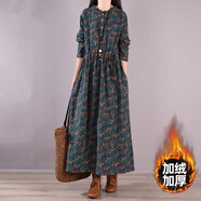 夏典素訂女王日韓原單尾貨女復(fù)古碎花亞麻長裙寬松長袖加絨棉麻連衣裙 綠色-加絨加厚少量現(xiàn)貨 加絨款秋 M 【建議85-110斤】