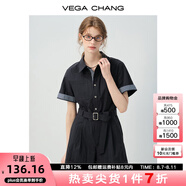 VEGA CHANG連體褲女2025年新款夏季翻領(lǐng)格紋拼接收腰短褲連身衣褲 檀木黑 L