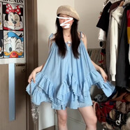 瑜尚臻品 海邊度假小個(gè)子藍色吊帶連衣裙子女裝夏季2025新蓬蓬裙短裙套裝 藍色套裝【 M】