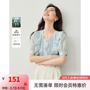 梵希蔓2025年夏季新款圓領荷葉邊壓褶短袖萊賽爾襯衫高級感小上衣 M6812 淺藍色 M