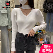 AEMAPE泡泡袖打底衫女裝掛脖毛衣女2025春秋冬季時(shí)尚針織衫女心機白色S _80-100斤