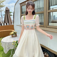 SKYHEART小仙女鏤空蕾絲刺繡雪紡連衣裙夏季清涼短袖中長款 綠色 均碼