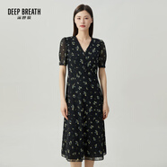 深呼吸DEEP BREATH女裝V領(lǐng)中長高腰泡泡袖收腰碎花連衣裙A500197 黑-碎花 M (3碼)