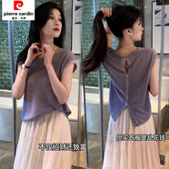 皮爾卡丹（pierre cardin）韓系鏤空后背紐扣開(kāi)叉針織衫短袖恤女夏季新款寬松百搭薄款上衣 紫色 均碼 建議890-135斤
