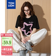 唐獅（TonLion）2025夏女前胸印花短袖T恤 黑/二批  M 