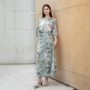 烈兒LIEER「夢(mèng)中鳶尾」桑蠶絲印花高端輕奢連衣裙收腰仙氣垂感高級(jí)顯瘦長(zhǎng)裙 水墨色-連衣裙 S 80-100斤