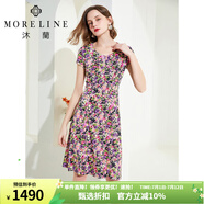 MORELINE沐蘭商場同款印花短袖連衣裙2023夏新款中長裙 克紫花 M 38