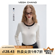 VEGA CHANG針織衫女2025年春秋季新款撞色圓領(lǐng)修身顯瘦長袖打底上衣 柔霧白 均碼