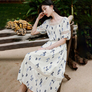 香影（xiangying）波西米亞花卉連衣裙女2025夏季新款波嬉風(fēng)鏤空泡泡袖方領(lǐng)裙子 鷺白 XL