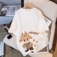 一寸相思泡泡瑪特公仔拉布布t恤短袖女2025新款夏季卡通白色寬松上衣體恤 白色-圍巾labubu S (75-85斤)