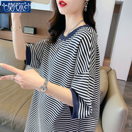 莫代爾短袖t恤女夏裝2025新款寬松休閑百搭韓版女條紋T恤中長款上衣 MX-11-1056 藍色 2XL 適合171200斤