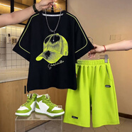 G.duck特價(jià)小黃鴨童裝男童夏裝新款痞帥短袖潮流套裝 黑綠套裝 130 cm