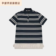 爭媚時尚慵懶 夏季新款休閑通勤拼接蕾絲邊撞色翻領(lǐng)條紋短袖連衣裙 藍(lán)白條 2XL 140-160斤