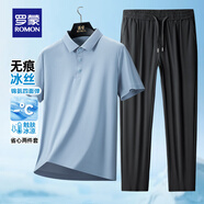 羅蒙（ROMON）【冰絲涼感】短袖t恤男2025夏季新款精致格高彈無(wú)痕Polo衫男 淺蘭【上衣】+黑色【褲子】 L (175) 【建議115-135斤】