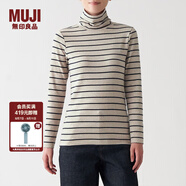 無印良品 MUJI 女式 彈力羅紋編織 高領長袖T恤 BBM01A1A 米色條紋 M
