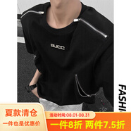 QGF 美式高街墊肩短袖t恤男夏季新款設(shè)計(jì)感重磅結(jié)構(gòu)潮牌痞帥休閑體恤 XZ1005-1-TTH0039黑色 XL 【建議135-150斤】