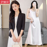 伊婭莎小西裝外套女夏季薄款休閑七分袖小個(gè)子短款西服氣質(zhì)時(shí)尚職業(yè)上衣 8907黑色西裝+白色吊帶裙 3XL 建議130-140斤