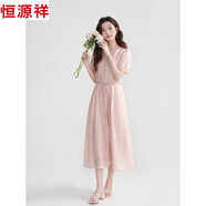 恒源祥泡泡袖連衣裙女時尚2025夏季顯瘦高級新款法式氣質(zhì)收腰v領(lǐng)連衣裙 粉色   竄珠腰帶 M 95-105