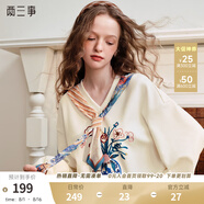 兩三事月光奏鳴曲 2025春季新款復古毛巾繡印花絲巾綁帶v領t恤女寬松 奶白色-y L