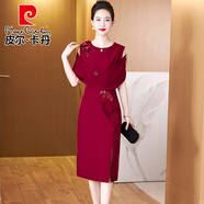 皮爾卡丹2025夏季真絲結(jié)婚禮服裙氣質(zhì)修身高貴優(yōu)雅媽媽裝婚慶喜服連衣裙女 酒紅色 L