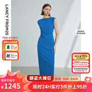 朗姿法式一字肩收腰抽褶設計感氣質(zhì)長(cháng)裙夏裝新款女禮服連衣裙 艦隊藍色2 S