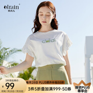 Olrain歐芮兒白色T恤女夏季新款寬松顯瘦刺繡荷葉邊喇叭袖純棉上衣 白色 S