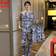 貓人男士冰絲睡衣夏季短褲短袖套裝水墨畫(huà)男款大碼加肥加大綢絲家居服 男款三件套【短袖+短褲+長(cháng)褲】 XL 男140-160斤