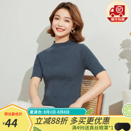 金菊含羊毛多色可選早春新款細(xì)坑條特價打底毛衣半高領(lǐng)短袖女式針織衫 藍(lán)灰 L