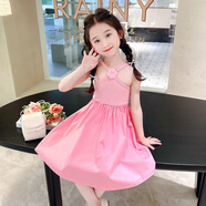 葉余女童夏季吊帶連衣裙2025新款兒童夏裝小女孩露背沙灘洋氣背心裙潮 粉紅色 玫瑰花吊帶裙 90 適合身高81-90公分
