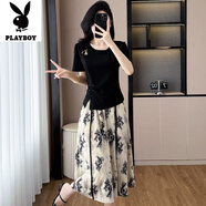 花花公子（PLAYBOY）大碼女裝寬松時(shí)尚夏新款套裝顯瘦短袖盤扣中國風(fēng)T恤半身裙一整套 圖片色_【上衣+半身裙】-旗艦款 L _【95-110斤】