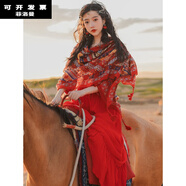 菲洛曼（FEILUOMAN）云南少數民族服裝女西藏麗江拉薩青海旅游穿搭敦煌異域風(fēng)情連衣裙 紅色連衣裙 L