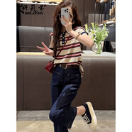 妍莉芬（yanlifen）韓版洋氣復(fù)古條紋衣服套裝女2025年夏季新款休閑百搭闊腿褲兩件套 兩件套【POLO衫+牛仔褲】 L