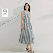 茵曼格子剪花拼接無(wú)袖連衣裙夏季女裝百搭寬松背心中長(zhǎng)裙子寶藍(lán)色  M