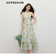 紅袖度假碎花連衣裙2025夏季新款女裝【青霧森林】復古暈染雪紡吊帶裙 湖水藍花617 L