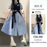 接運貓韓系學(xué)院風(fēng)小個子修身襯衫連衣裙女疊穿綁帶收腰針織馬甲兩件套裝 【套裝】襯衫裙+馬甲【速發(fā)】 S