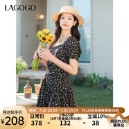 lagogo森系不對稱抽褶連衣裙女拉谷谷2025春夏新款方領(lǐng)顯瘦碎花裙 混色 M