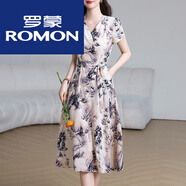 羅蒙品牌女裝雪紡連衣裙女2024夏季新款時(shí)尚收腰顯瘦印花簡約百搭裙子 杏色 M