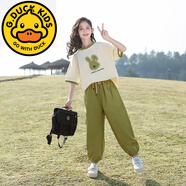 G.DUCKKIDS女童短袖t恤2025新款夏裝套裝大童女裝夏款含棉女孩夏季衣服兒童 兔子短袖套裝-牛油果綠 170 cm(建議身高158-168)