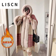 LISCN紅色圣誕節(jié)斗篷披肩外套女秋冬新款過年中長款加絨加厚大衣 小紅格加絨加 厚款 均碼 90斤—170斤左右