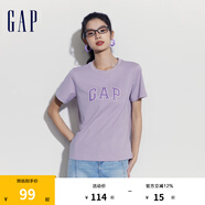 Gap女裝春季LOGO簡約圓領(lǐng)撞色印花純棉短袖T恤402168上衣 薰衣草紫 155/76A(XS)亞洲尺碼