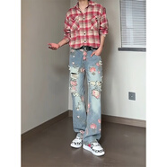 凌泊美式高街破洞牛仔褲男款夏季痞帥感褲子花卉滿印直筒vibe長(zhǎng)褲 藍(lán)色 M