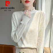 皮爾卡丹（pierre cardin）2025早秋蕾絲木耳邊針織長袖花邊袖精紡羊毛打底小香風半高領內(nèi)搭 米色 XL 120-132
