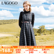 lagogo英倫風(fēng)復(fù)古格子連衣裙女拉谷谷秋冬新款疊穿收腰顯瘦背帶裙 混色(Y0) M 160/38
