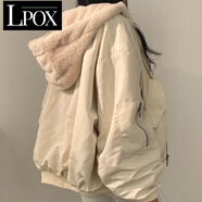 LPOX棉服女2025冬季兩面穿飛行員夾克寬松連帽加絨加厚外套女棉衣女 杏色 優(yōu)質(zhì)面料雙面可穿 M 95-110斤