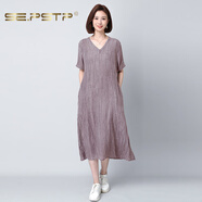 夏典素訂女王（SE.PSTP）2025夏季新款V領(lǐng)刺繡燈籠袖苧麻連衣裙女顯瘦高腰大擺媽媽長(zhǎng)裙子 紫色杭州今年流行的輕奢品質(zhì) L