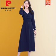 皮爾卡丹（pierre cardin）雪紡長(zhǎng)袖連衣裙子女裝2025新款春秋款輕奢高級(jí)感氣質(zhì)長(zhǎng)裙品牌高端 丈青色 M
