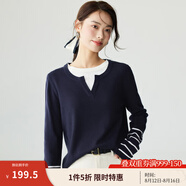 茵曼（INMAN）撞色條紋拼接假兩件毛衣女春秋款時(shí)尚復(fù)古顯瘦百搭針織衫 寶藍(lán)色 L