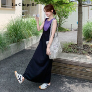 拉夏貝爾（La Chapelle）黑色背帶連衣裙紫色背心兩件套2025夏新款法式感寬松休閑長裙 黑色背帶裙+紫色針織背心 背帶裙 M (115斤內(nèi))