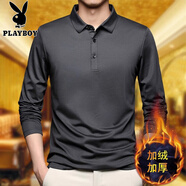 花花公子（PLAYBOY）春秋款中年男士冰絲薄款純棉長(zhǎng)袖T恤爸爸裝男翻領(lǐng)百搭休閑體恤衫 深灰(加絨) 加厚 M 165